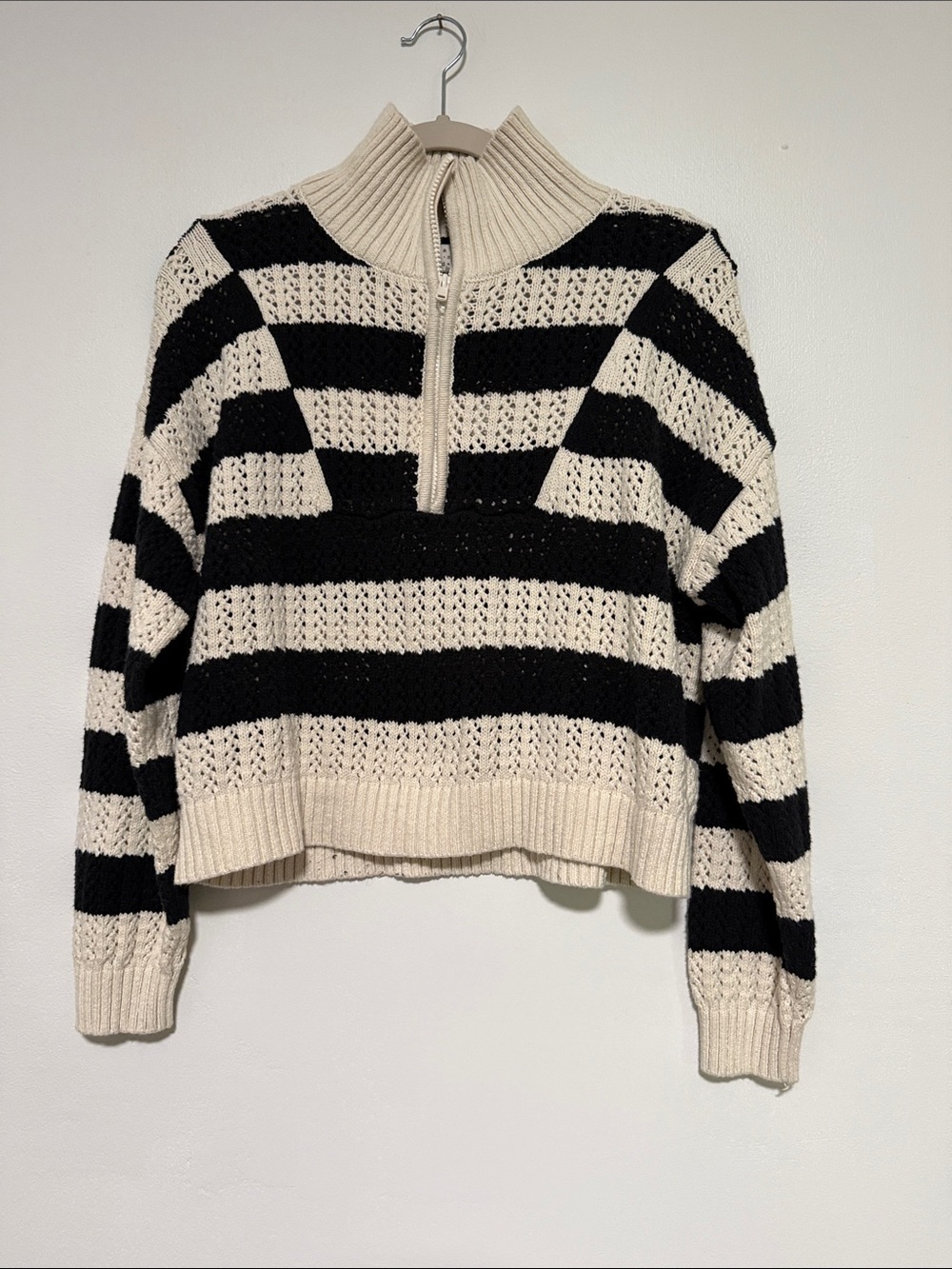a new day Black & Cream Striped Half-Zip Cropped Crochet Sweater